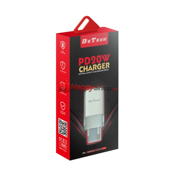 Мрежово зарядно устройство DeTech DE-62, 18W, 1 x USB F, QC, Бял - 40547