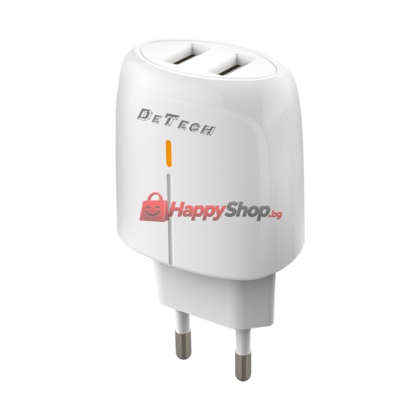 Мрежово зарядно устройство DeTech, DE-63, 5V/2.4A 220V, 2 x USB, Бял - 40549