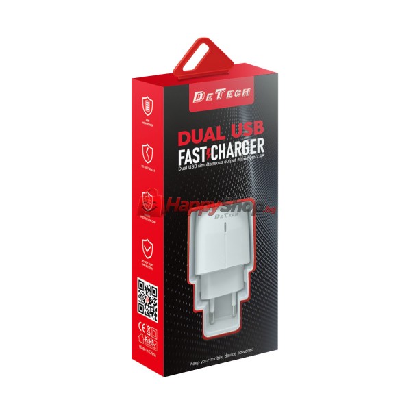 Мрежово зарядно устройство DeTech, DE-63, 5V/2.4A 220V, 2 x USB, Бял - 40549