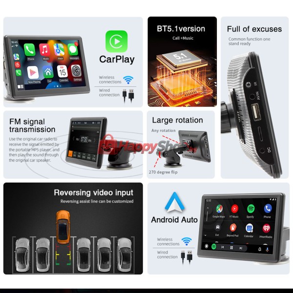 Преносим CarPlay / Android Auto дисплей X500L, 7", За автомобил - 13309