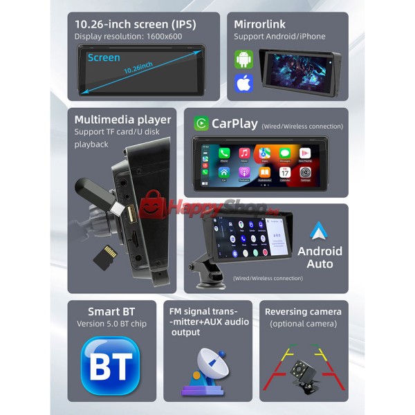 Преносим CarPlay / Android Auto дисплей X5313, 10.26", За кола - 13318