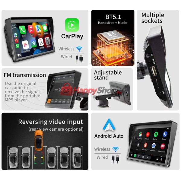 Преносим CarPlay / Android Auto дисплей X600W, 7", За автомобил - 13310