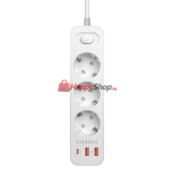 Разклонител Earldom ES-SC13, 3 гнезда, CEE 7/3, 2 х USB, 1 х USB-C, 2м.,Бял - 40377
