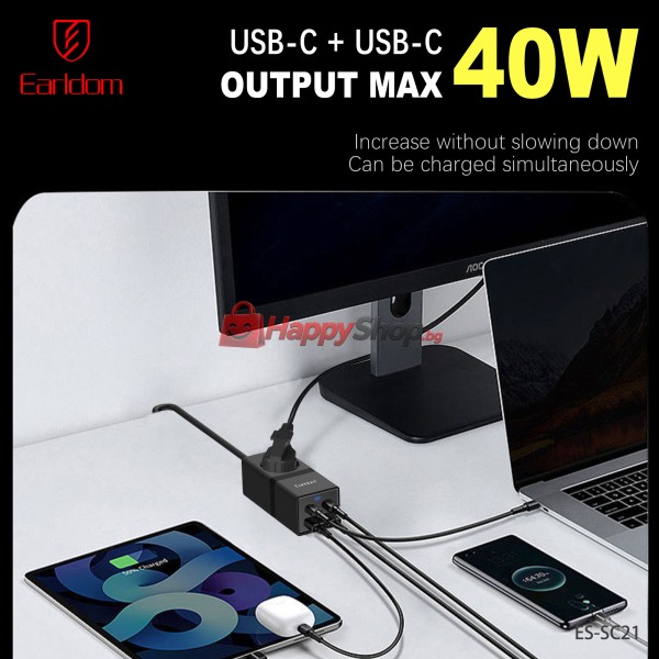 Удължител Earldom ES-SC21, 1 гнездо, CEE 7/3, 2 х USB F, 2 x USB-C, 1м., Черен - 40521
