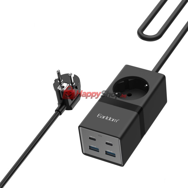 Удължител Earldom ES-SC21, 1 гнездо, CEE 7/3, 2 х USB F, 2 x USB-C, 1м., Черен - 40521