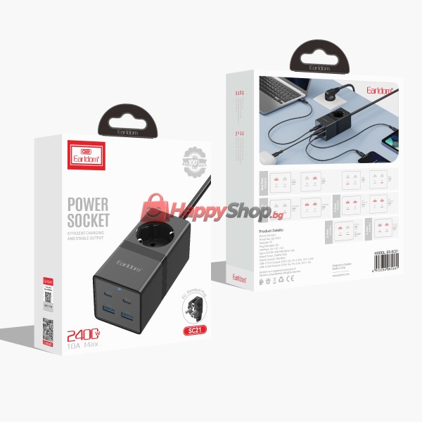 Удължител Earldom ES-SC21, 1 гнездо, CEE 7/3, 2 х USB F, 2 x USB-C, 1м., Черен - 40521
