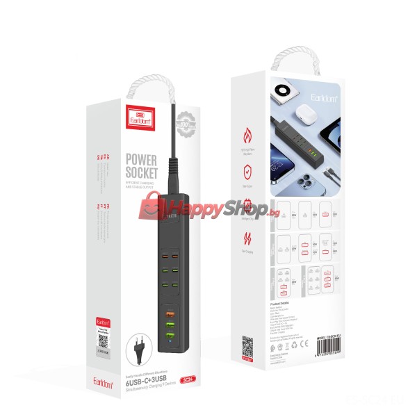 Удължител Earldom ES-SC24, 6 х USB-C, 3 x USB F, 1м., Черен - 40520