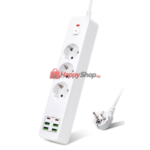 Удължител , 3 гнезда, 250V, 10A, Кабел, 1.8м., 4 x USB-F, 2 ..
