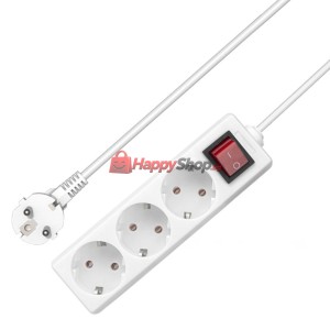 Удължител , 3 гнезда, 250V, 16A, Кабел, 3m, С ключ, Бял - 17..