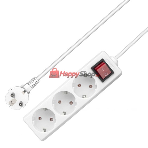 Удължител , 3 гнезда, 250V, 16A, Кабел, 3m, С ключ, Бял - 17875