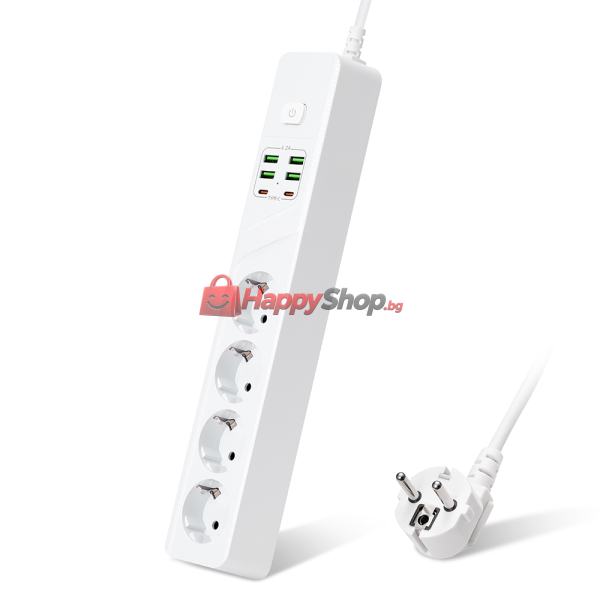 Удължител , 4 гнезда, 250V, 10A, Кабел, 1.8м., 4 x USB-F, 2 x USB-C, С ключ, Бял - 17968