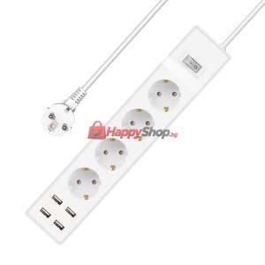 Удължител , 4 гнезда, 250V, 16A, Кабел, 3m, 4 x USB F, С клю..