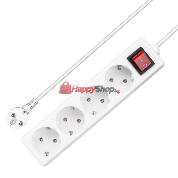 Удължител , 4 гнезда, 250V, 16A, Кабел, 3m, С ключ, Бял - 17878