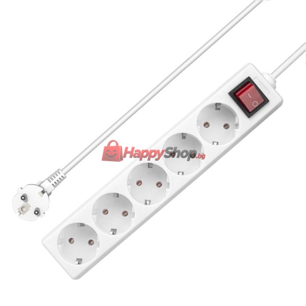 Удължител , 5 гнезда, 250V, 16A, Кабел, 1m, С ключ, Бял - 17880