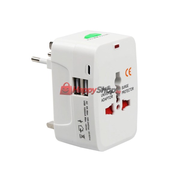 Универсален преходник - зарядно , 2xUSB, 1хUSB-C, 1.0A, EU/US/UK/AU към EU/US/UK/AU, 220V, Бял - 17892