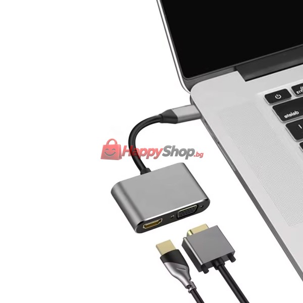 Преходник DeTech, 2в1, USB-C – HDMI+VGA, 4K, 30Hz, 3D, Сив - 17842