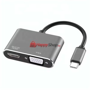Преходник DeTech, 2в1, USB-C – HDMI+VGA, 4K, 30Hz, 3D, Сив -..