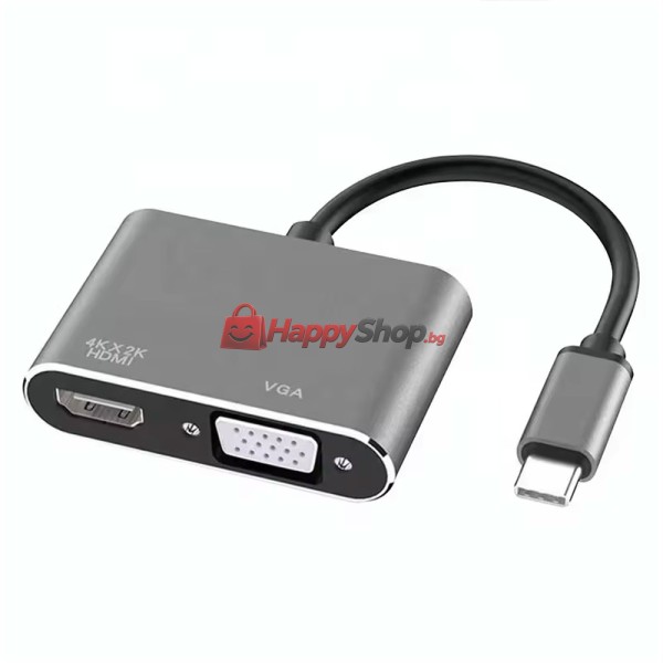 Преходник DeTech, 2в1, USB-C – HDMI+VGA, 4K, 30Hz, 3D, Сив - 17842