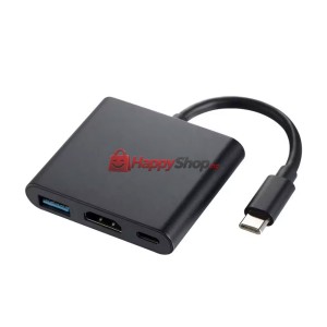 Преходник DeTech, 3в1 USB-C–HDMI+USB3.0+PD, 4K, 30Hz, Сив - ..