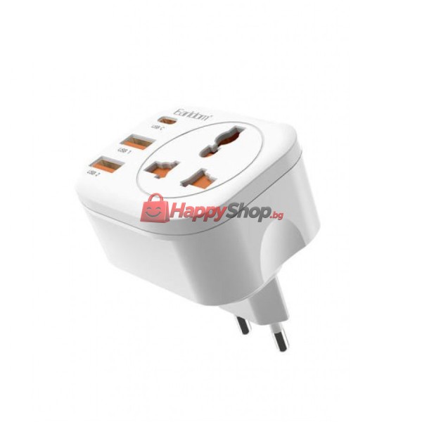Универсален преходник - зарядно Earldom ES-SC16, 2xUSB, 1xType-C, EU/US/UK/AU към EU, 220V, Бял - 40525