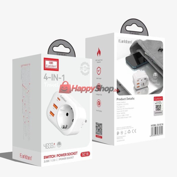 Универсален преходник - зарядно Earldom ES-SC16, 2xUSB, 1xType-C, EU/US/UK/AU към EU, 220V, Бял - 40525