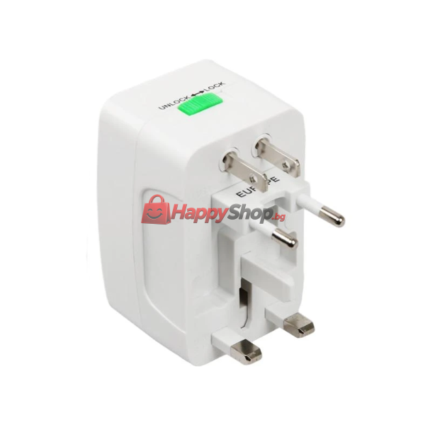 Универсален преходник - зарядно , 2xUSB, 1.0A, EU/US/UK/AU към EU/US/UK/AU, 220V, Бял - 17708
