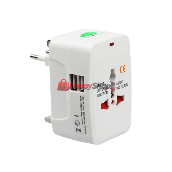 Универсален преходник - зарядно , 2xUSB, 1.0A, EU/US/UK/AU към EU/US/UK/AU, 220V, Бял - 17708
