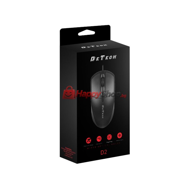 Мишка DeTech D2, Оптична, Черен - 733