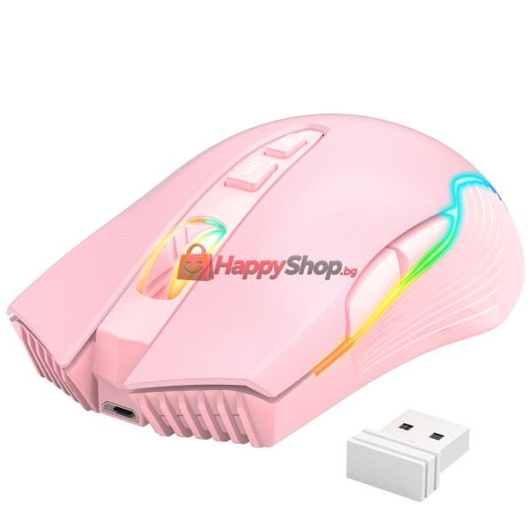 Геймърска мишка Onikuma CW905, Безжична, RGB, 7D, Розов - 769