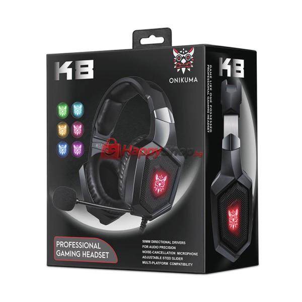 Слушалки Onikuma K8, За компютър, Микрофон, Подсветка, 3.5mm, USB, Черен - 20741