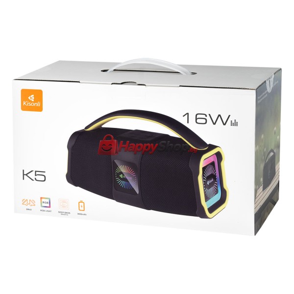 Тонколона Kisonli K5, Bluetooth, USB, SD, AUX, FM, RGB, Черен - 22293