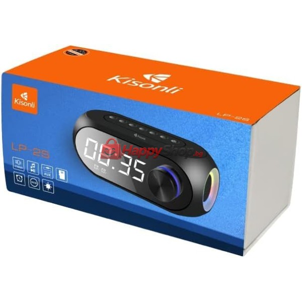Тонколона Kisonli LP-2S, Bluetooth, Часовник, SD, FM, AUX, RGB, Черен - 22280