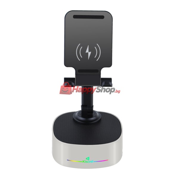 Тонколона със стойка за телефон Kisonli M5, Bluetooth, Безжично зареждане, FM, AUX, RGB, Различни цветове - 22275