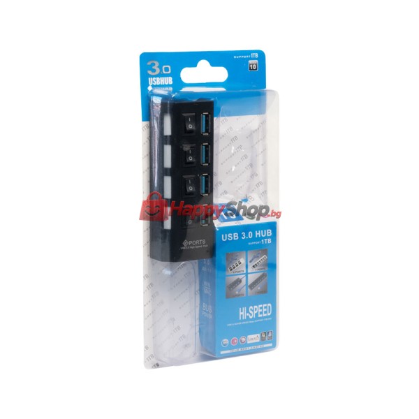 USB хъб , USB 3.0, 4 Порта, Черен - 12062