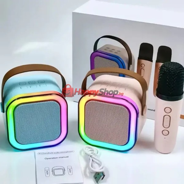 Мини караоке Bluethooth RGB тонколона с 2 микрофона