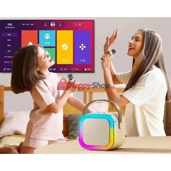 Мини караоке Bluethooth RGB тонколона с 2 микрофона